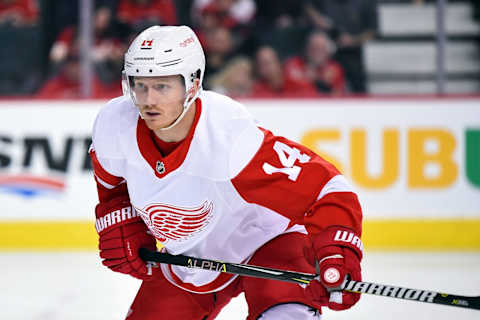 CALGARY, AB – JANUARY 18: Detroit Red Wings Right Wing Gustav Nyquist (14) skates during the third period of an NHL game where the Calgary Flames hosted the Detroit Red Wings on January 18, 2019, at the Scotiabank Saddledome in Calgary, AB. (Photo by Brett Holmes/Icon Sportswire via Getty Images)