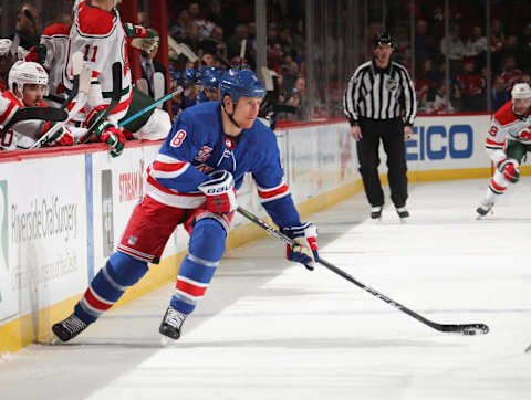 NEWARK, NEW JERSEY – JANUARY 31: Cody McLeod #8 of the New York Rangers skates against the New Jersey Devils at the Prudential Center on January 31, 2019 in Newark, New Jersey. The Rangers defeated the Devils 4-3. (Photo by Bruce Bennett/Getty Images)