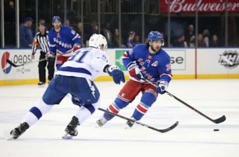 NEW YORK, NY – FEBRUARY 02: Mats Zuccarello #36 of the New York Rangers skates with the puck against Erik Cernak #81 of the Tampa Bay Lightning at Madison Square Garden on February 2, 2019 in New York City. (Photo by Jared Silber/NHLI via Getty Images)