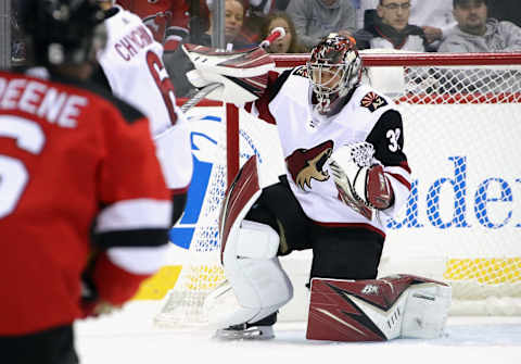 Antti Raanta #32 of the Arizona Coyotes. (Photo by Bruce Bennett/Getty Images)