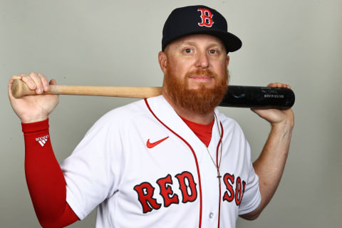 Feb 21, 2023; Lee County, FL, USA; Boston Red Sox third baseman Justin Turner (2) poses for a photo during photo day at JetBlue Park At Fenway South. Mandatory Credit: Kim Klement-USA TODAY Sports