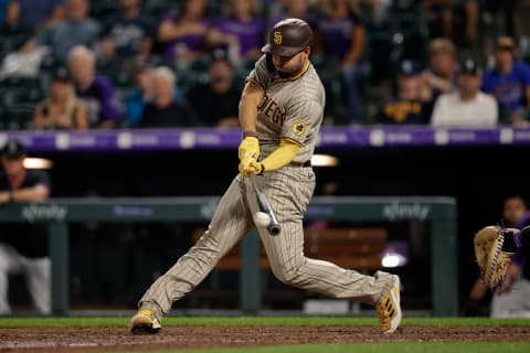 Aug 17, 2021; Denver, Colorado, USA; San Diego Padres first baseman Eric Hosmer (30) line drives out to end the game against the Colorado Rockies at Coors Field. Mandatory Credit: Isaiah J. Downing-USA TODAY Sports