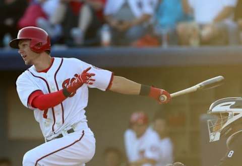 Mar 23, 2016; Melbourne, FL, USA; Washington Nationals shortstop Trea Turner (7) hits the ball in the sixth inning against the New York Yankees at Space Coast Stadium. The Washington Nationals won 13-0. Mandatory Credit: Logan Bowles-USA TODAY Sports