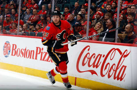 CALGARY, AB – FEBRUARY 1: Sam Bennett #93 of the Calgary Flames skates against the Minnesota Wild during an NHL game on February 1, 2017 at the Scotiabank Saddledome in Calgary, Alberta, Canada. (Photo by Gerry Thomas/NHLI via Getty Images)