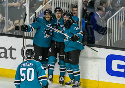 SAN JOSE, CA – APRIL 30: San Jose Sharks right wing Timo Meier (28) celebrates his goal with teammates in Game 3 of the Stanley Cup Playoffs-Second Round between the Vegas Golden Knights and the San Jose Sharks on April 30, 2018 at the SAP Center in San Jose, CA. (Photo by Douglas Stringer/Icon Sportswire via Getty Images)