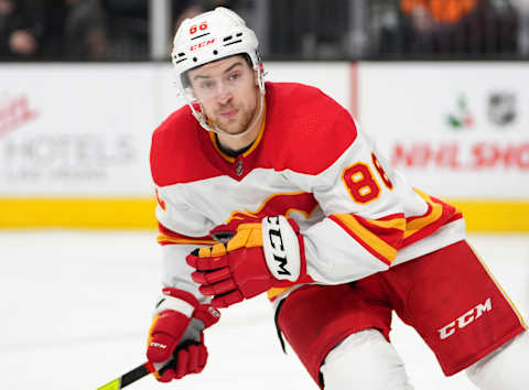 Dec 5, 2021; Las Vegas, Nevada, USA; Calgary Flames left wing Andrew Mangiapane (88) skates during the third period against the Vegas Golden Knights at T-Mobile Arena. Mandatory Credit: Stephen R. Sylvanie-USA TODAY Sports