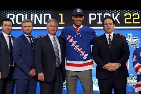 DALLAS, TX – JUNE 22: K’Andre Miller poses after being selected twenty-second overall by the New York Rangers during the first round of the 2018 NHL Draft at American Airlines Center on June 22, 2018 in Dallas, Texas. (Photo by Bruce Bennett/Getty Images)