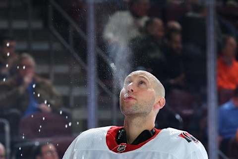 PHILADELPHIA, PENNSYLVANIA – MARCH 11: Craig Anderson #41 of the Ottawa Senators spits out water during the game against the Philadelphia Flyers in the second period at Wells Fargo Center on March 11, 2019 in Philadelphia, Pennsylvania. (Photo by Drew Hallowell/Getty Images)