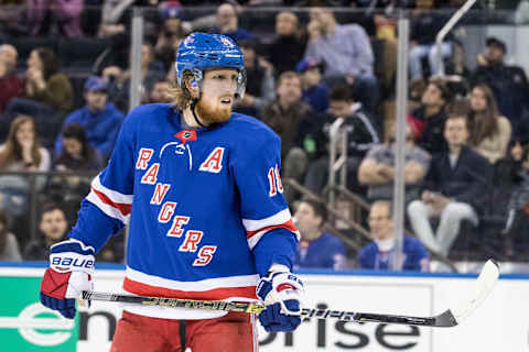 NEW YORK, NY – JANUARY 19: New York Rangers Defenseman Marc Staal (18) on ice during a regular season NHL game between the Columbus Blue Jackets and the New York Rangers on January 19, 2020, at Madison Square Garden in New York, NY. (Photo by David Hahn/Icon Sportswire via Getty Images)