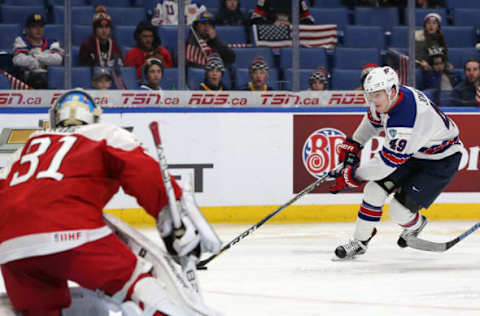 BUFFALO, NY: Max Jones #49 of United States skates to the Denmark net in the second period during the IIHF World Junior Championship on December 26, 2017. (Photo by Kevin Hoffman/Getty Images)