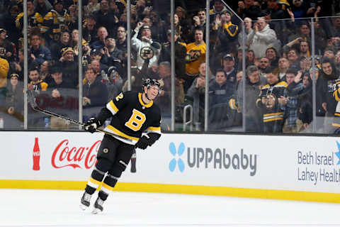 BOSTON, MASSACHUSETTS – DECEMBER 01: David Backes #42 of the Boston Bruins celebrates after scoring a goal against the Montreal Canadiens during the third period at TD Garden on December 01, 2019 in Boston, Massachusetts. The Bruins defeat the Canadiens 3-1. (Photo by Maddie Meyer/Getty Images)