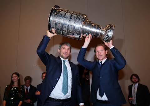 LAS VEGAS, NV – JUNE 20: Alex Ovechkin (L) and Nickals Backstrom of the Washington Capitals arrive with the Stanley Cup at the 2018 NHL Awards presented by Hulu at the Hard Rock Hotel & Casino on June 20, 2018 in Las Vegas, Nevada. (Photo by Andre Ringuette/NHLI via Getty Images)