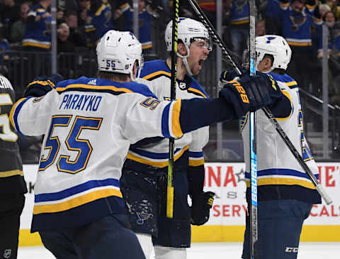 LAS VEGAS, NEVADA – FEBRUARY 13: Colton Parayko #55, Zach Sanford #12 and Tyler Bozak #21 of the St. Louis Blues celebrate after Sanford scored his fourth goal of the game against the Vegas Golden Knights in the third period of their game at T-Mobile Arena on February 13, 2020 in Las Vegas, Nevada. The Golden Knights defeated the Blues 6-5 in overtime. (Photo by Ethan Miller/Getty Images)