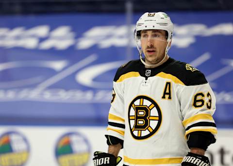 Apr 20, 2021; Buffalo, New York, USA; Boston Bruins center Brd Marchand (63) during a stoppage in play in the second period against the Buffalo Sabres at KeyBank Center. Mandatory Credit: Timothy T. Ludwig-USA TODAY Sports