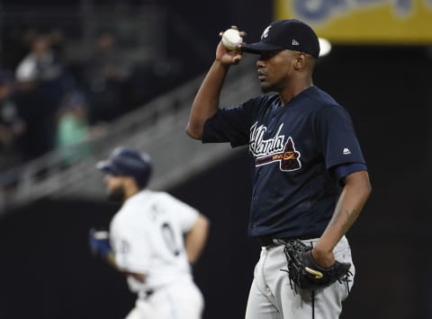 SAN DIEGO, CA – JUNE 4: Julio Teheran #49 of the Atlanta Braves stands on the mound after giving up a solo home run to Raffy Lopez #0 of the San Diego Padres during the fourth inning of a baseball game at PETCO Park on June 4, 2018, in San Diego, California. (Photo by Denis Poroy/Getty Images)