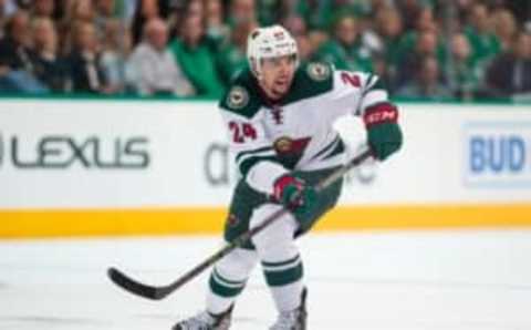 Apr 14, 2016; Dallas, TX, USA; Minnesota Wild defenseman Matt Dumba (24) skates against the Dallas Stars during game one of the first round of the 2016 Stanley Cup Playoffs at American Airlines Center. The Stars shut out the Wild 4-0. Mandatory Credit: Jerome Miron-USA TODAY Sports