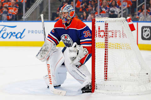 Nov 4, 2023; Edmonton, Alberta, CAN; Edmonton Oilers goaltender Jack Campbell (36) gets ready for a shot against the Nashville Predators at Rogers Place. Mandatory Credit: Perry Nelson-USA TODAY Sports