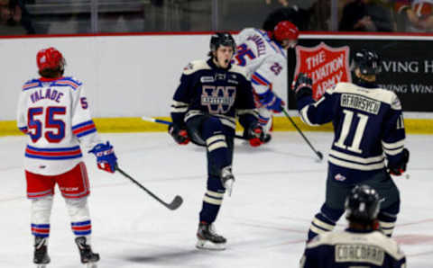 WINDSOR, ONTARIO – MARCH 08: Forward Tyler Angle #7 of the Windsor Spitfires celebrates his first period goal against the Kitchener Rangers at WFCU Centre on March 08, 2020 in Windsor, Ontario, Canada. (Photo by Dennis Pajot/Getty Images)