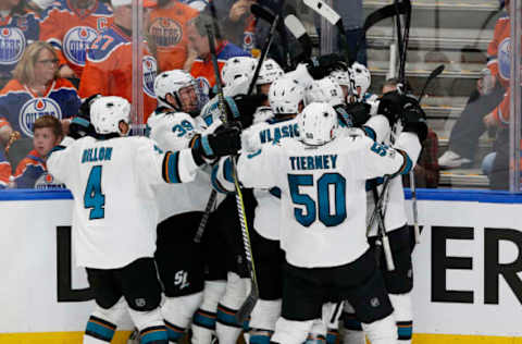 Apr 12, 2017; Edmonton, Alberta, CAN; The San Jose Sharks celebrate an overtime winning goal by forward Melker Karlsson (68) against the Edmonton Oilers in game one of the first round of the 2017 Stanley Cup Playoffs at Rogers Place. Mandatory Credit: Perry Nelson-USA TODAY Sports