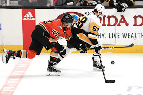 Kris Letang #58 of the Pittsburgh Penguins skates to the puck past the defense of Danton Heinen #43 of the Anaheim Ducks (Haffey/Getty Images)