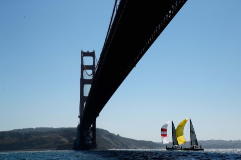 SAN FRANCISCO, CA – SEPTEMBER 18: Boats in the Express 37 class race under the Golden Gate Bridge during race 3 of the Rolex Big Boat Series in San Francisco Bay on September 18, 2015 in San Francisco, California. (Photo by Ezra Shaw/Getty Images)