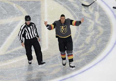 LAS VEGAS, NV – OCTOBER 17: Vegas Golden Knights right wing Ryan Reaves (75) skates to the penalty box during the first period of a regular season game between the Ottawa Senators and the Vegas Golden Knights Thursday, Oct. 17, 2019, at T-Mobile Arena in Las Vegas, Nevada. (Photo by: Marc Sanchez/Icon Sportswire via Getty Images)