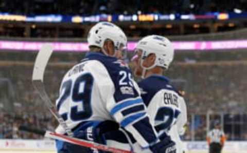 Winnipeg Jets right wing Nikolaj Ehlers (27) celebrates his goal with right wing Patrik Laine (29) (Timothy T. Ludwig-USA TODAY Sports)