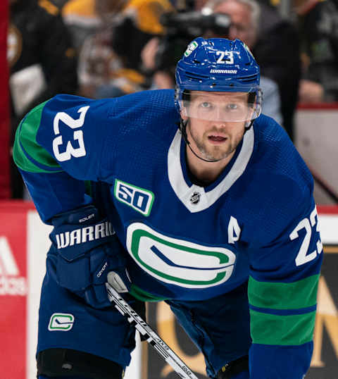 VANCOUVER, BC – FEBRUARY 22: Alexander Edler #23 of the Vancouver Canucks during NHL action against the Boston Bruins at Rogers Arena on February 22, 2020 in Vancouver, Canada. (Photo by Rich Lam/Getty Images)