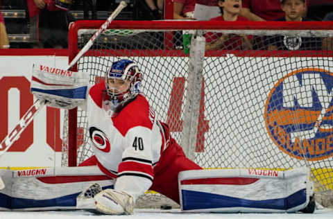 RALEIGH, NC – JUNE 30: Carolina Hurricanes David Cotton (83) scores the game winner on Carolina Hurricanes Jake Kucharski (40) during the shootout in the Canes Prospect Game at the PNC Arena in Raleigh, NC on June 30, 2018. (Photo by Greg Thompson/Icon Sportswire via Getty Images)