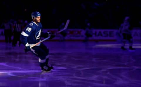 TAMPA, FLORIDA – NOVEMBER 15: Mikhail Sergachev #98 of the Tampa Bay Lightning looks on during a game against the Dallas Stars at Amalie Arena on November 15, 2022 in Tampa, Florida. (Photo by Mike Ehrmann/Getty Images)