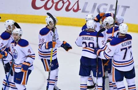 NHL Power Rankings: The Edmonton Oilers celebrate after beating the Arizona Coyotes 3-2 at Gila River Arena. Mandatory Credit: Matt Kartozian-USA TODAY Sports