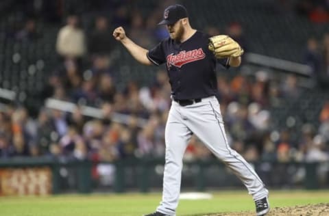 Sep 26, 2016; Detroit, MI, USA; Cleveland Indians relief pitcher Cody Allen (37) celebrates after the final pitch against the Detroit Tigers at Comerica Park. The Indians won 7-4 to clinch the Central Division title. Mandatory Credit: Raj Mehta-USA TODAY Sports