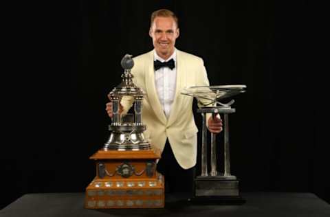 LAS VEGAS, NV – JUNE 20: Pekka Rinne of the Nashville Predators poses for a portrait with the Vezina Trophy (L) and the Presidents’ Trophy at the 2018 NHL Awards at the Hard Rock Hotel & Casino on June 20, 2018 in Las Vegas, Nevada. (Photo by Brian Babineau/NHLI via Getty Images)