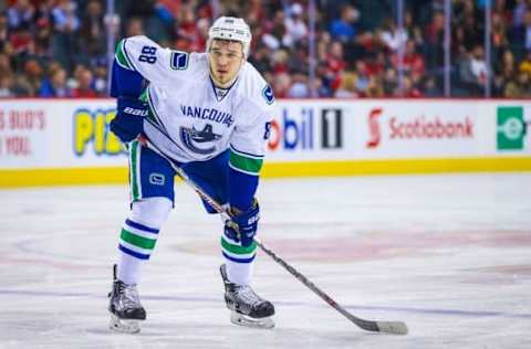 Apr 7, 2016; Calgary, Alberta, CAN; Vancouver Canucks defenseman Nikita Tryamkin (88) looks on from the ice against the Calgary Flames during the first period at Scotiabank Saddledome. The Flames won 7-3. Mandatory Credit: Sergei Belski-USA TODAY Sports