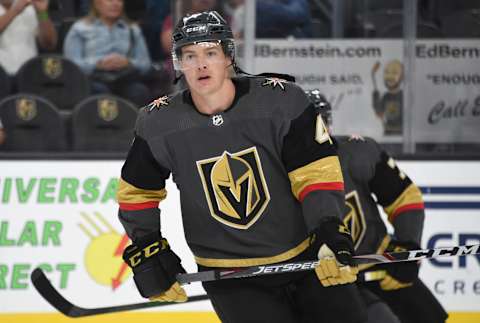 LAS VEGAS, NEVADA – SEPTEMBER 29: Jimmy Schuldt #4 of the Vegas Golden Knights warms up prior to a game against the San Jose Sharks at T-Mobile Arena on September 29, 2019 in Las Vegas, Nevada. (Photo by David Becker/NHLI via Getty Images)