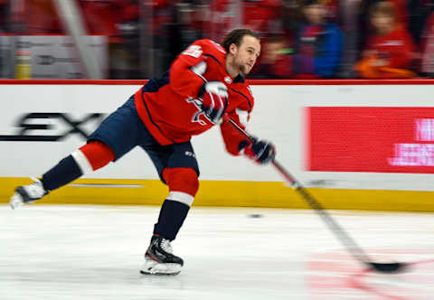 WASHINGTON, DC – JANUARY 05: Washington Capitals left wing Brendan Leipsic (28) skates in warm-ups prior to the game against the San Jose Sharks on January 5, 2020 at the Capital One Arena in Washington, D.C. (Photo by Mark Goldman/Icon Sportswire via Getty Images)