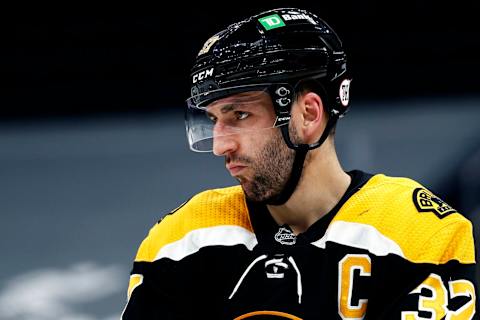 Patrice Bergeron #37 of the Boston Bruins looks on during the second period against the New York Rangers . (Photo by Maddie Meyer/Getty Images)