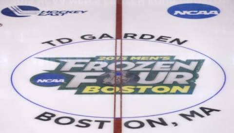 Apr 11, 2015; Boston, MA, USA; The logo in center ice before the championship game between the Boston University Terriers and the Providence College Friars in the Frozen Four college ice hockey tournament at TD Garden. Mandatory Credit: Greg M. Cooper-USA TODAY Sports