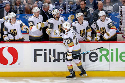 WINNIPEG, MB – JANUARY 15: Brandon Pirri #73 of the Vegas Golden Knights celebrates his third period goal against the Winnipeg Jets with teammates at the bench at the Bell MTS Place on January 15, 2019 in Winnipeg, Manitoba, Canada. (Photo by Jonathan Kozub/NHLI via Getty Images)