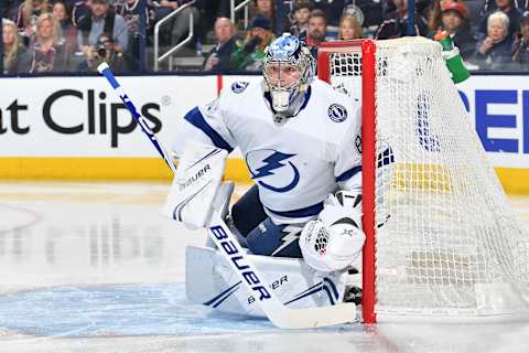 COLUMBUS, OH – APRIL 16: Goaltender Andrei Vasilevskiy #88 of the Tampa Bay Lightning defends the net during the first period in Game Four of the Eastern Conference First Round against the Columbus Blue Jackets during the 2019 NHL Stanley Cup Playoffs on April 16, 2019 at Nationwide Arena in Columbus, Ohio. (Photo by Jamie Sabau/NHLI via Getty Images)