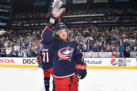 COLUMBUS, OH – MAY 6: Artemi Panarin #9 of the Columbus Blue Jackets waves to the fans following Game Six of the Eastern Conference Second Round during the 2019 NHL Stanley Cup Playoffs on May 6, 2019 at Nationwide Arena in Columbus, Ohio. (Photo by Jamie Sabau/NHLI via Getty Images)