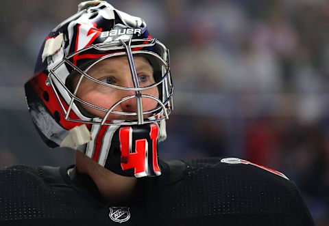 Apr 13, 2023; Buffalo, New York, USA; Buffalo Sabres goaltender Craig Anderson (41) during a stoppage in play against the Ottawa Senators during the first period at KeyBank Center. Mandatory Credit: Timothy T. Ludwig-USA TODAY Sports