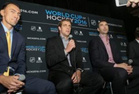 Sep 9, 2015; Toronto, Ontario, Canada; Anze Kopitar answers questions from the press as Zdeno Chara (right) and Miroslav Satan (left) look on during a press conference and media event for the 2016 World Cup of Hockey at Air Canada Centre. Mandatory Credit: Tom Szczerbowski-USA TODAY Sports