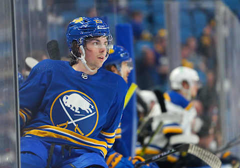 BUFFALO, NY – APRIL 14: Playing in his home debut NHL 1st overall pick Owen Power #25 of the Buffalo Sabres jumps over the boards for a shift against the St. Louis Blues during the third period at KeyBank Center on April 14, 2022 in Buffalo, New York. (Photo by Kevin Hoffman/Getty Images)