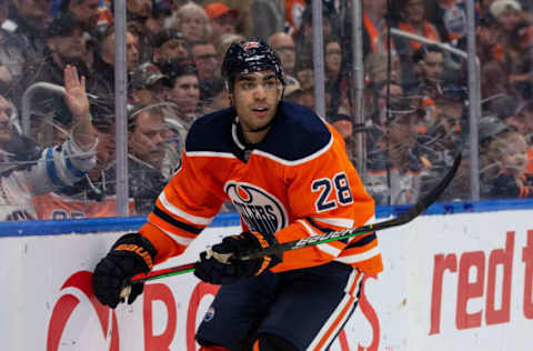 Ex- Edmonton Oiler Andreas Athanasiou #28. (Photo by Codie McLachlan/Getty Images)