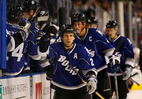 December 6, 2008; Tampa FL, USA; Tampa Bay Lightning right wing Martin St. Louis (26) celebrates with teammates after scoring a goal against the Buffalo Sabres during the first period at St. Pete Times Forum. Mandatory Credit: Kim Klement-USA TODAY Sports