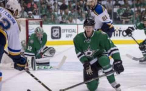 May 7, 2016; Dallas, TX, USA; Dallas Stars defenseman John Klingberg (3) blocks a shot by St. Louis Blues defenseman Kevin Shattenkirk (22) during the first period in game five of the second round of the 2016 Stanley Cup Playoffs at American Airlines Center. Mandatory Credit: Jerome Miron-USA TODAY Sports