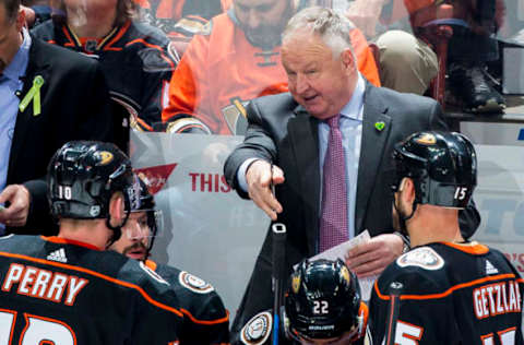 ANAHEIM, CA – MARCH 18: Head coach Randy Carlyle of the Anaheim Ducks gives direction to his players during the second period of the game against the New Jersey Devils at Honda Center on March 18, 2018, in Anaheim, California. (Photo by Foster Snell/NHLI via Getty Images)