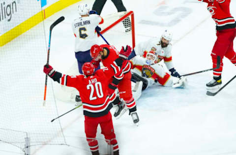 Apr 6, 2021; Raleigh, North Carolina, USA; Carolina Hurricanes center Vincent Trocheck (16) scores a second period goal against Florida Panthers goaltender Sergei Bobrovsky (72) at PNC Arena. Mandatory Credit: James Guillory-USA TODAY Sports