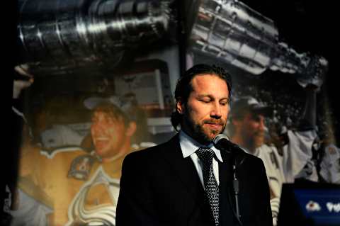 Avalanche star Peter Forsberg announces his retirement at The Ridgeline Restaurant in the Pepsi Center. Joe Amon, The Denver Post (Photo By Joe Amon/The Denver Post via Getty Images)